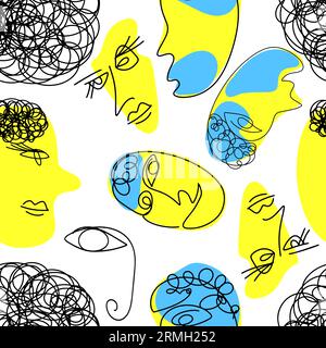 Elegantes, abstraktes, nahtloses Muster mit Gesichtern aus der Zeit der Famale, die eine Linie auf weißem Hintergrund zeichnen. Modetrend. Gehirn und Verstand der Menschen. Vektorillustration. Stock Vektor