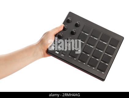 midi-Pad-Controller im Handpfad isoliert auf weiß Stockfoto