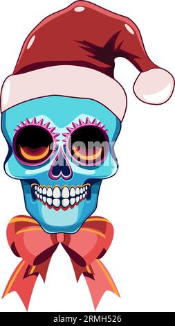Ein Schädel in einem Weihnachtsmütze und eine Schleifenvektor-Illustration Stock Vektor