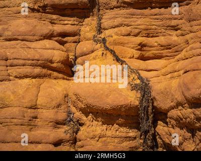 Abstrakt Rustrel Canyon ockerfarbene Klippen Landschaft. Provenzalisches Colorado in der Nähe von Roussillon, Südfrankreich. Stockfoto