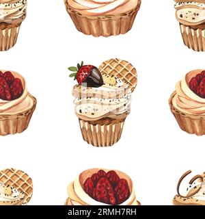 Nahtloses Dessert mit Wildbeeren und gebackener frischer Beerentorte mit Creme in Aquarellfarben. Handgezeichnete Illustration isoliert auf weißem Hintergrund. Perfekt Stockfoto