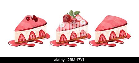 Aquarell-Dessert-Set, Stück Käsekuchen mit frischen Erdbeeren, Beeren und Marmelade. Handgezeichnete Illustration isoliert auf weißem Hintergrund. Perfektes Essen Stockfoto