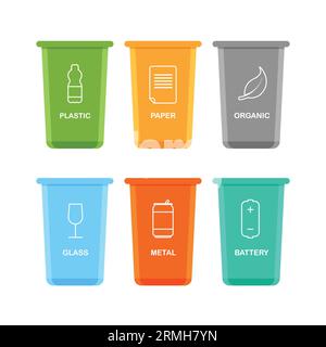 Sort your garbage. Color trash cans with recycling icon. Organic, plastic, paper, glass waste. Vector illustration isolated on white. Stock Vektor