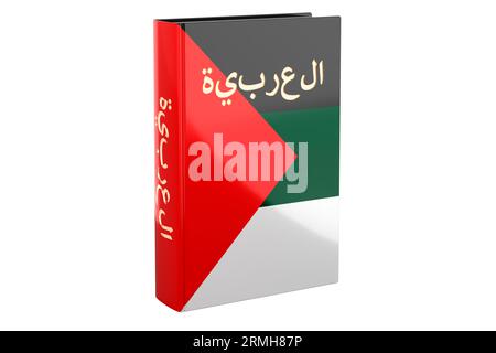 Arabischkurs. Arabisches Lehrbuch, 3D-Rendering isoliert auf weißem Hintergrund Stockfoto