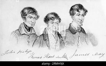 The London Burkers or Body Snatchers, von links: John Bishop, Thomas Williams, James May. Die London Burkers waren eine Gruppe von Leichenräubern, die in London, England, operierten. Sie erlangten 1831 Bekanntheit, weil sie Opfer ermordeten, um sie an Anatomen zu verkaufen, indem sie sie in ihrer Wohnung in London anlockten und betäubten. Auch bekannt als Bethnal Green Gang. Stockfoto