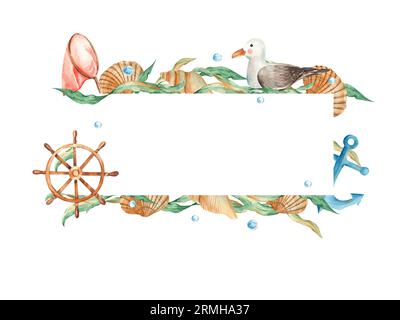 Horizontaler Meeresrahmen, süße Möwe, hölzernes Lenkrad, Muscheln, nautischer Anker, orangefarbenes Netz, Algen und Wasserblasen. Marinedesign Stockfoto