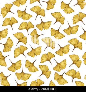Nahtloses Muster mit Ginkgo biloba Herbstblättern isoliert auf weißem Hintergrund, handgezeichnete Aquarellillustration. Für Hintergrund, Stoff und Textil Stockfoto