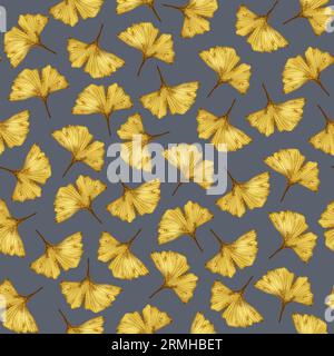 Nahtloses Muster mit Ginkgo biloba Herbstblättern isoliert auf grauem Hintergrund, handgezeichnete Aquarellillustration. Für Hintergrund, Stoff und Textil Stockfoto
