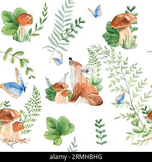 Nahtloses Muster mit süßem Babyfuchs, Pilzen, grünen Pflanzen und Schmetterlingen. Aquarell Hand gezeichnete Illustration auf weißem Hintergrund. Ideal für Kinder Stockfoto