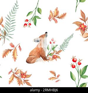 Nahtloses Aquarellmuster mit süßem Babyfuchs, Eichenlaub, roten Beeren und Zweig mit roter Blume. Botanische handgezeichnete Illustration. Kann für verwendet werden Stockfoto