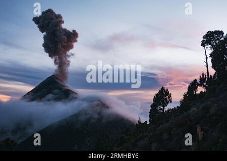 Eine dramatische Szene, wie der Fuego-Vulkan in Guatemala durch eine niedrige Abendwolke ausbricht und eine dunkle Aschewolke hoch in die Luft schickt Stockfoto