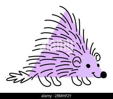 Comic-Igel-Tierfigur mit mathematischer Form. Geometrische Figur für Schulkinder, lustiges, violettes Stachelschwein oder Igel isoliertes Vektordreieck Stock Vektor