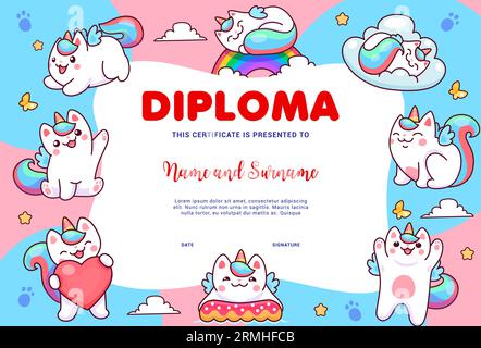 Kinderdiplom. Karikatur-Katicorn-Katzen und Kätzchen-Charaktere mit Regenbogen auf Himmelsvektor-Bildungszertifikat. Schulabschluss, Schülerpreis o Stock Vektor