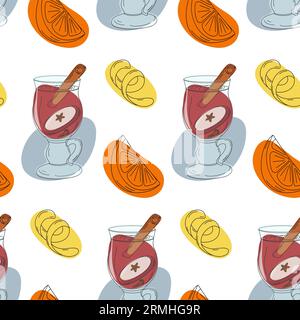 Nahtloses Muster aus Glühwein mit Zimtstangen und Apfelscheiben, Orangen- und Zitronenschale und farbenfrohen Flecken in trendigen Farben. Vektor. EPS. Isolieren. Design für Poster, Banner, Umhüllung oder Tapeten. Stock Vektor