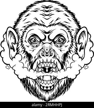 Brüllende Primaten Affenkopf Cannabis Rauch Puff Illustration monochrome Vektorgrafiken für Ihre Arbeit Logo, Merchandise-T-Shirt, Aufkleber und Labor Stock Vektor