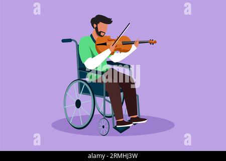 Charakterflachzeichnung von Behinderung und Musikveranstaltung. Ein arabischer Mann im Rollstuhl spielt Violine. Körperlich behindert. Person im Krankenhaus. Rehabilitation Stockfoto