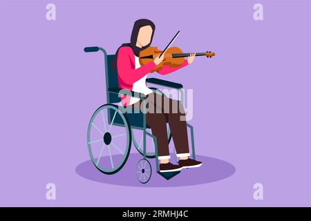 Charakterzeichnung Behinderung und Musik. Die schöne Araberin im Rollstuhl spielt Violine. Körperlich behindert. Person im Krankenhaus. Rehabilitation Stockfoto