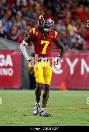 26. August 2023 USC Trojans Safety Calen Bullock #7 in Aktion während des NCAA-Fußballspiels zwischen den San Jose State Spartans und USC Trojans im Los Angeles Coliseum in Los Angeles, Kalifornien. Obligatorischer Fotokredit: Charles Baus/CSM Stockfoto