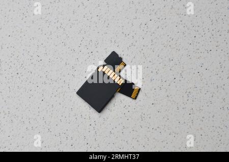 Nahaufnahme von SD- und microSD-Karten, Symbole für kompakte und effiziente Speicherung auf Chips. Details der SD- und microSD-Karten, die das moderne Konzept o repräsentieren Stockfoto