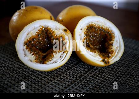 salvador, bahia, brasilien - 25. august 2023: Passionsfrucht - Passiflora edulis. Stockfoto