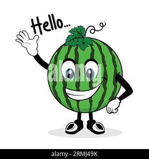 Wassermelonen-Zeichentrickfigur sagt Hallo Stock Vektor