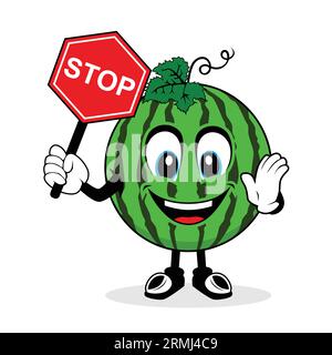 Netter Frucht Wassermelone Zeichentrickcharakter isoliert auf weißer Hintergrund Vektor-Illustration. Lustige positive und freundliche Emoticon-Gesichtsfigur mit Wassermelone Stock Vektor