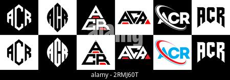 ACR Logo-Design in sechs Ausführungen. ACR-Polygon, Kreis, Dreieck, Sechseck, flacher und einfacher Stil mit Schwarz-weiß-Farbvariation Buchstaben Logo se Stock Vektor