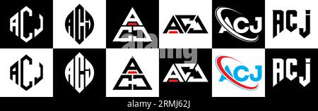 ACJ Logo-Design in sechs Farben. ACJ-Polygon, Kreis, Dreieck, Sechseck, flacher und einfacher Stil mit schwarz-weißer Farbvariante des Buchstaben-Logos Stock Vektor