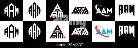 AAM Logo-Design in sechs Farben. AAM-Polygon, Kreis, Dreieck, Sechseck, flacher und einfacher Stil mit schwarz-weißer Farbvariante des Buchstaben-Logos Stock Vektor