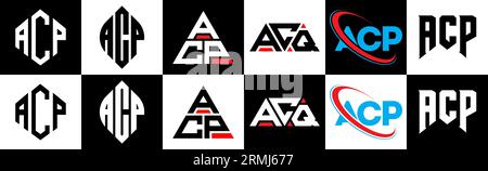 Logo-Design mit ACP-Buchstaben in sechs Ausführungen. ACP-Polygon, Kreis, Dreieck, Sechseck, flacher und einfacher Stil mit schwarz-weißer Farbvariante Buchstaben Logo se Stock Vektor
