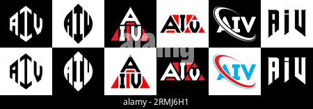 AIV Logo-Design mit Buchstaben in sechs Ausführungen. AIV-Polygon, Kreis, Dreieck, Sechseck, flacher und einfacher Stil mit schwarz-weißer Farbvariante des Buchstaben-Logos Stock Vektor