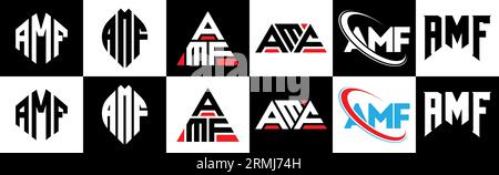 AMF Logo-Design in sechs Farben. AMF Polygon, Kreis, Dreieck, Sechseck, flacher und einfacher Stil mit schwarz-weißer Farbvariation Buchstaben Logo se Stock Vektor