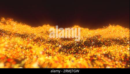 Gelbe orangefarbene Wellen von Energiepartikeln magisch leuchtende futuristische High-Tech-Lichtpunkte abstrakter Hintergrund. Stockfoto