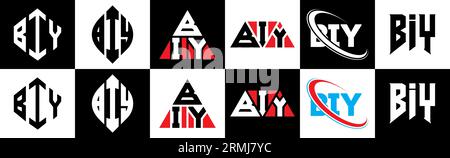 BIY Logo-Design in sechs Farben. BIY-Polygon, Kreis, Dreieck, Sechseck, flacher und einfacher Stil mit schwarz-weißer Farbvariante des Buchstaben-Logos Stock Vektor