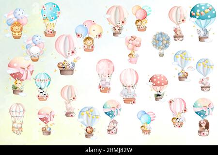 Wasserfarben-Heißluftballons mit Baby-Tiersammlung Stockfoto