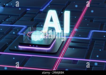 KI-Konzept für künstliche Intelligenz. 3D-Rendering eines künstlichen Gehirns und einer gpu-Einheit für Deep Learning und neuronale Netzwerke Stockfoto
