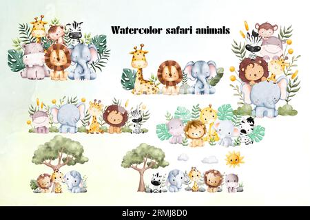 Aquarellsafari Tiere Sammlung Stockfoto