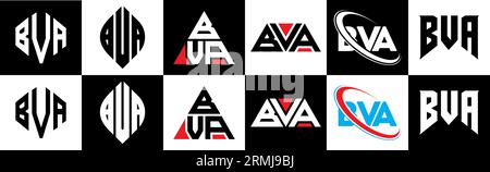 BVA-Logo-Design in sechs Ausführungen. BVA-Polygon, Kreis, Dreieck, Sechseck, flacher und einfacher Stil mit schwarz-weißer Farbvariation Buchstaben Logo se Stock Vektor