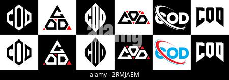 Logo mit KABELJAU-Buchstaben in sechs Ausführungen. KABELJAUPOLYGON, Kreis, Dreieck, Sechseck, flacher und einfacher Stil mit schwarz-weißer Farbvariante des Buchstaben-Logos Stock Vektor