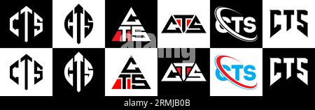 CTS-Logo-Design in sechs Ausführungen. CTS-Polygon, Kreis, Dreieck, Sechseck, flacher und einfacher Stil mit Schwarz-weiß-Farbvariation Buchstaben Logo se Stock Vektor