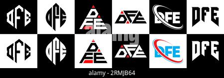 DFE-Logo-Design im 6er-Stil. DFE-Polygon, Kreis, Dreieck, Sechseck, flacher und einfacher Stil mit schwarz-weißer Farbvariante Buchstaben Logo se Stock Vektor