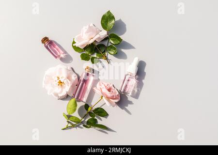 Mehrere verschiedene Glaskosmetikflaschen mit Serum mit KnospenblütenRosenextrakt und Rosenwasser zur Gesichtspflege. Die Draufsicht ist flach Stockfoto