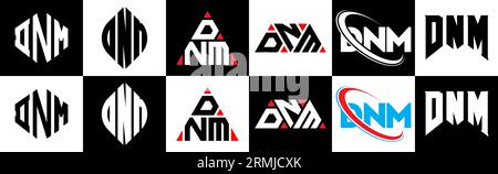 DNM-Logo-Design in sechs Ausführungen. DNM-Polygon, Kreis, Dreieck, Sechseck, flacher und einfacher Stil mit Schwarz-weiß-Farbvariation Buchstaben Logo se Stock Vektor