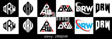 Logodesign in sechs Farben. DRW Polygon, Kreis, Dreieck, Sechseck, flacher und einfacher Stil mit schwarz-weißer Farbvariation Buchstaben Logo se Stock Vektor