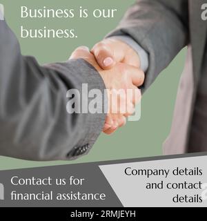 Aus kaukasischen Partnern zusammengesetzt, die die Hände schütteln, sind unser Geschäft, unser Unternehmen und unsere Kontaktdaten Stockfoto