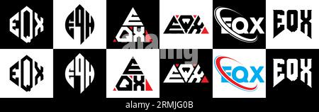 EQX Logo-Design in sechs Farben. EQX-Polygon, Kreis, Dreieck, Sechseck, flacher und einfacher Stil mit Schwarz-weiß-Farbvariation Buchstaben Logo se Stock Vektor