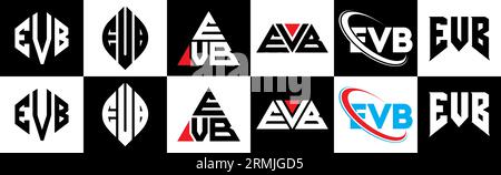 Logo-Design mit EVB-Buchstaben in sechs Ausführungen. EVB-Polygon, Kreis, Dreieck, Sechseck, flacher und einfacher Stil mit schwarz-weißer Farbvariation Buchstaben Logo se Stock Vektor