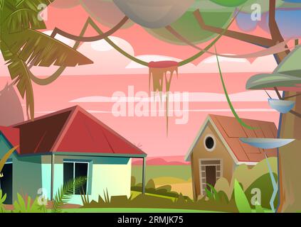 Das Haus ist wunderschön. Abendliche tropische Landschaft. Blick auf den Dschungel. Lustiger Cartoon-Stil. Vektor Stock Vektor