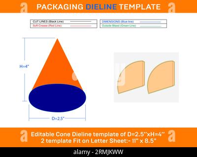 Gerollte Eiskonen große Dieline-Vorlage D0xT 2,5xH 4 Zoll Stock Vektor