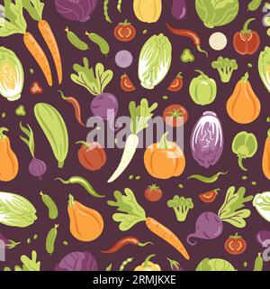 Muster von Gemüse in flacher Form. Verschiedene frische vegetarische Produkte. Design-Elemente für die Landwirtschaft. Ernte. Gesunder Lebensstil. Für Tapeten, pri Stock Vektor